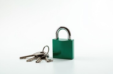Green padlock with metal keys on white surface. Secure your valuables with this strong lock and key set. Access granted to home or property safety.