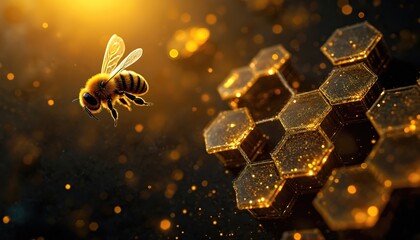 A bee flies near a futuristic honeycomb structure. The hexagonal cells glow with golden light and sparkle. This abstract digital art combines nature and technology with black and yellow elements.