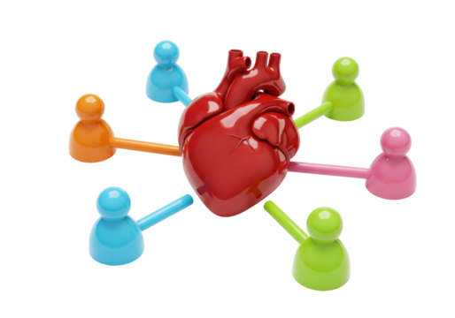 Human heart connected to colorful figures isolated PNG, concept of social connection and community health on transparent background