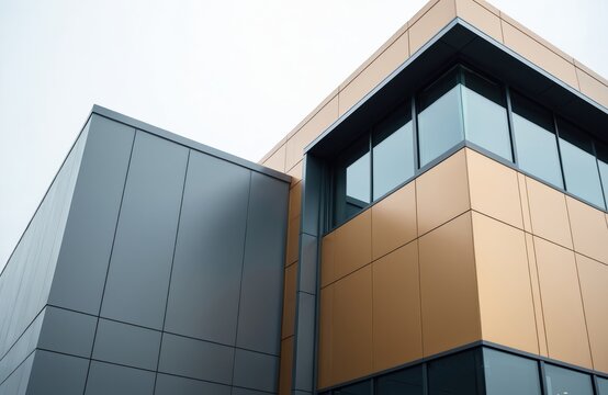 Contemporary commercial building exterior with metal composite panels and glass windows. Building features engineered diagonal cladding steel frame. Structure combines dark grey and tan panels.