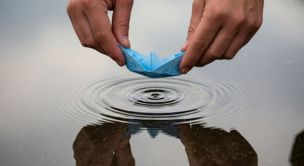Child holding a blue paper boat over water, creating ripples. Childhood memory and play concept. Hand putting origami ship on puddle surface.