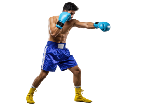 Muscular boxer in blue gloves throwing a punch isolated PNG, fit athlete training for combat sport on transparent background