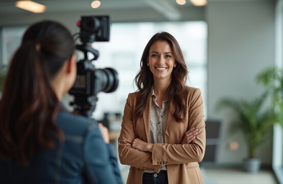 Businesswoman gives interview for camera in office. Woman in suit smiles in business space. Female entrepreneur films content for channel. Confident lady looks direct at camera operator in studio.
