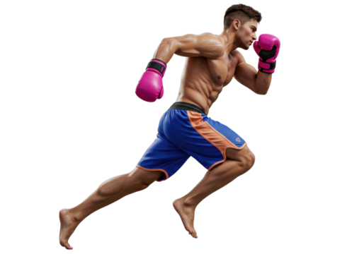 Muscular man with pink boxing gloves running isolated PNG, athlete training for fitness and combat sports on transparent background