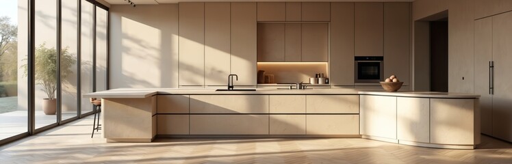 Modern kitchen interior with beige walls, tiled floor. Large window with city view. Kitchen island with sink, faucet. Built-in oven, cabinets. Wooden bowl with fruits on countertop. Minimalist design