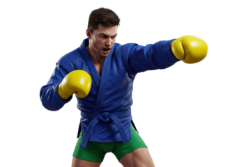 Aggressive fighter in blue kimono and yellow boxing gloves isolated PNG, martial arts athlete ready to fight on transparent background