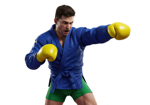 Aggressive fighter in blue kimono and yellow boxing gloves isolated PNG, martial arts athlete ready to fight on transparent background
