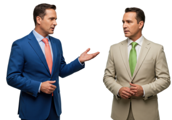 Two businessmen in suits talking isolated PNG, business communication and negotiation concept on transparent background