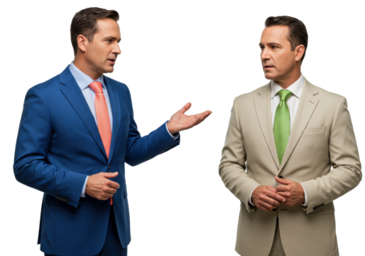 Two businessmen in suits talking isolated PNG, business communication and negotiation concept on transparent background