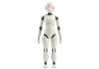 Humanoid robot PNG isolated on transparent background, futuristic android with glowing eyes and sleek design for technology concepts