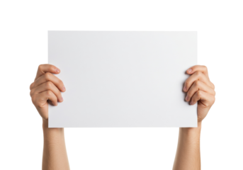 Hands holding blank paper sheet isolated PNG, empty poster mockup for advertising message or presentation template on transparent background