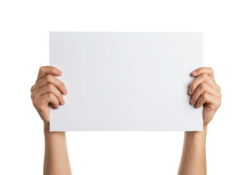 Hands holding blank paper sheet isolated PNG, empty poster mockup for advertising message or presentation template on transparent background