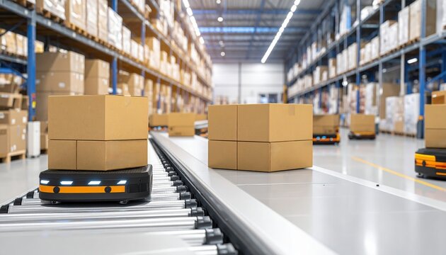 Automated warehouse with boxes on conveyor belts for efficient logistics and storage.