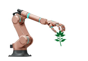 Copper robotic arm holding green plant isolated PNG, futuristic technology concept on transparent background for innovation and environmental conservation
