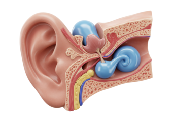 Detailed human ear anatomy isolated PNG, cross-section showing inner ear structures on transparent background, medical diagram for educational use