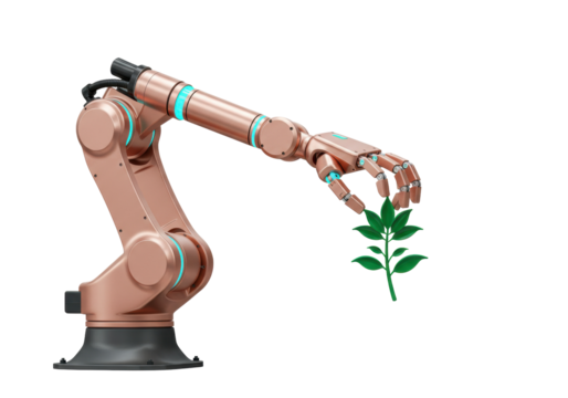 Copper robotic arm holding green plant isolated PNG, futuristic technology concept on transparent background for innovation and environmental conservation
