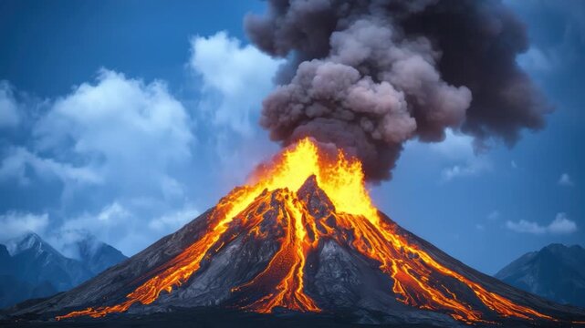 Erupting Volcano Spewing Lava and Ash into the Sky with Dramatic Cloud Formation Over Rocky Landscape