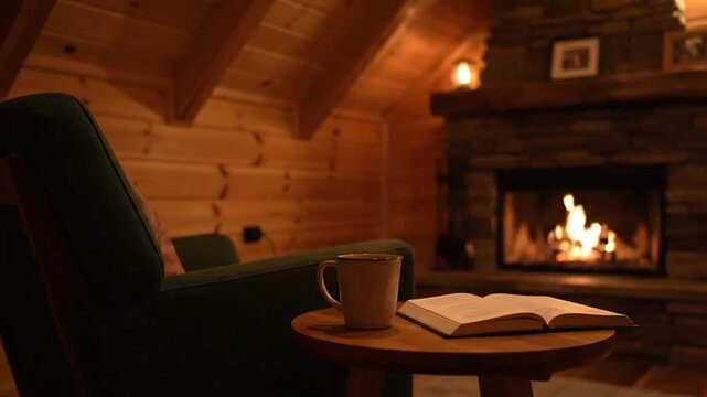 Cozy cabin interior with fireplace armchair book and mug
