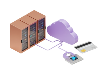 Cloud computing security isolated PNG, data servers connected to cloud with padlock and credit card for online payment protection