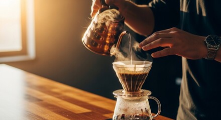 Coffee brewing process close up showing pour-over technique with aromatic steam and golden light, with ample copy space 