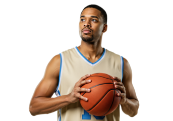 Focused African American basketball player holding ball isolated PNG, athlete in sports jersey looking up on transparent background
