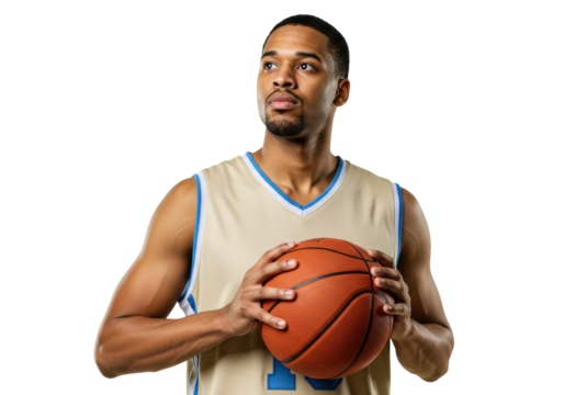 Focused African American basketball player holding ball isolated PNG, athlete in sports jersey looking up on transparent background - Powered by Adobe