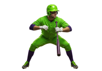 Baseball player in green uniform isolated PNG, ready to bat with a purple bat on transparent background, sports action shot