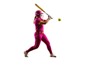 Female softball player in pink uniform hitting ball with bat isolated PNG, athletic woman in action on transparent background