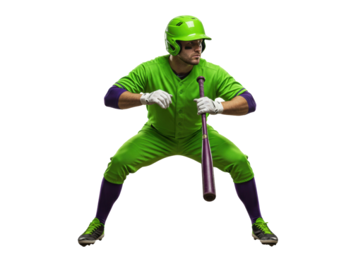 Baseball player in green uniform isolated PNG, ready to bat with a purple bat on transparent background, sports action shot