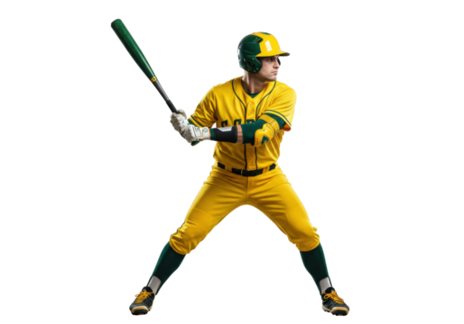 Baseball player in yellow uniform isolated PNG, athlete holding bat ready to hit on transparent background