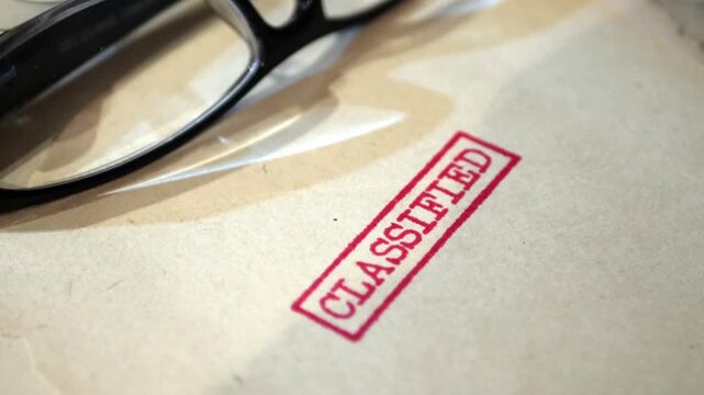 An old  sensitive documents and secret information with the stamp CLASSIFIED dolly shot