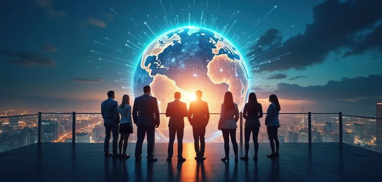 Pro business team stands on high building roof at dusk. Look towards glowing digital earth, global data network connections, worldwide communication. City lights stretch below. Represents
