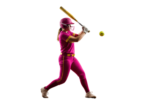 Female softball player in pink uniform hitting ball with bat isolated PNG, athletic woman in action on transparent background