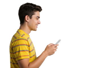 Smiling young man in striped shirt using smartphone isolated PNG, person looking at mobile phone on transparent background