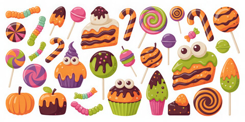 Halloween candy collection cartoon style sweets and desserts vector illustration for holiday design and decoration