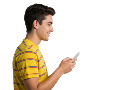 Smiling young man in striped shirt using smartphone isolated PNG, person looking at mobile phone on transparent background - Powered by Adobe