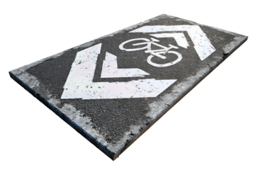 Bike lane pavement stencil featuring reflective white bicycle icon and directional arrows, gritty asphalt texture and slight surface wear, isolated on transparent background.
