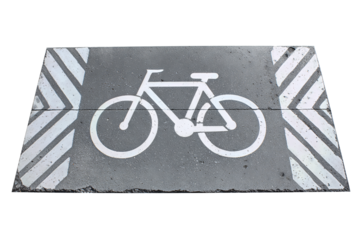 Bike lane pavement stencil featuring reflective white bicycle icon and directional arrows, gritty asphalt texture and slight surface wear, isolated on transparent background.
