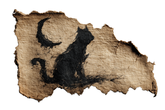 Torn parchment scrap with charred edges, showing a hand-inked black cat silhouette beside a crescent moon, textured and aged appearance, isolated on transparent background.
