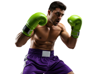 Muscular shirtless boxer with green gloves isolated PNG, aggressive fighter in purple shorts ready to punch on transparent background