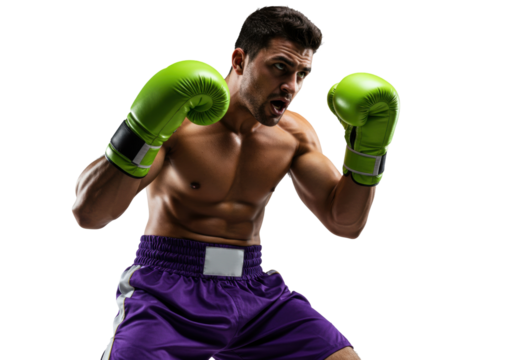Muscular shirtless boxer with green gloves isolated PNG, aggressive fighter in purple shorts ready to punch on transparent background