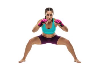 Female MMA fighter in fighting stance isolated PNG, determined woman in sportswear ready for combat on transparent background
