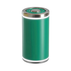 Obraz premium Emerald green battery cell featuring metallic caps, illuminated charge ring, and fine fingerprint traces on steel surface, sleek and realistic, isolated on transparent background. 