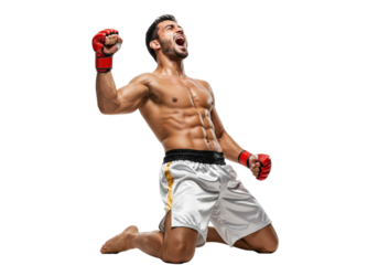 Triumphant muscular MMA fighter isolated on transparent PNG, celebrating victory with raised fist and open mouth in a powerful pose