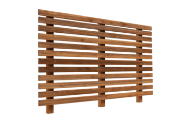 Horizontal wooden slat fence panel in warm chestnut tone with visible grain and matte lacquer, faint vertical supports and small nail heads adding realism, isolated on transparent background.

