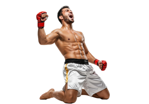 Triumphant muscular MMA fighter isolated on transparent PNG, celebrating victory with raised fist and open mouth in a powerful pose