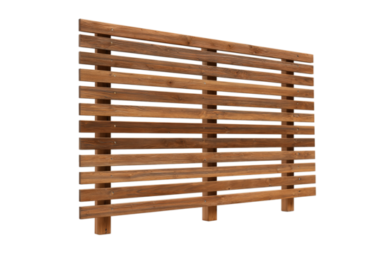 Horizontal wooden slat fence panel in warm chestnut tone with visible grain and matte lacquer, faint vertical supports and small nail heads adding realism, isolated on transparent background.
