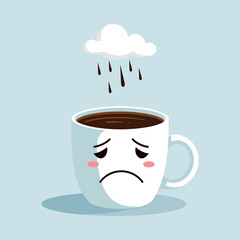 Sad animated mug character on blue Monday with his own crying cloud
