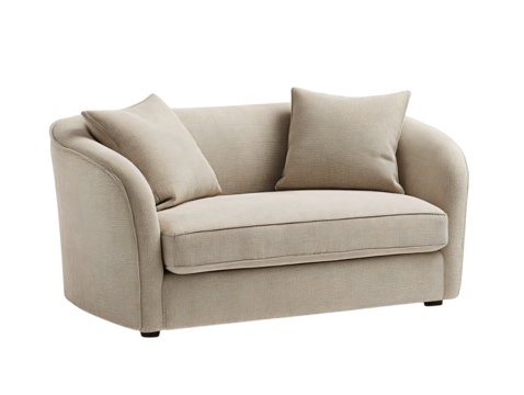 Compact two-seat fabric sofa in warm beige with rounded arms, single seat cushion, and two back pillows, fine stitching and soft texture, modern comfort design, isolated on transparent background.

