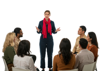 Woman in jumpsuit leading group therapy session isolated on transparent PNG, diverse people sitting in circle for support and discussion